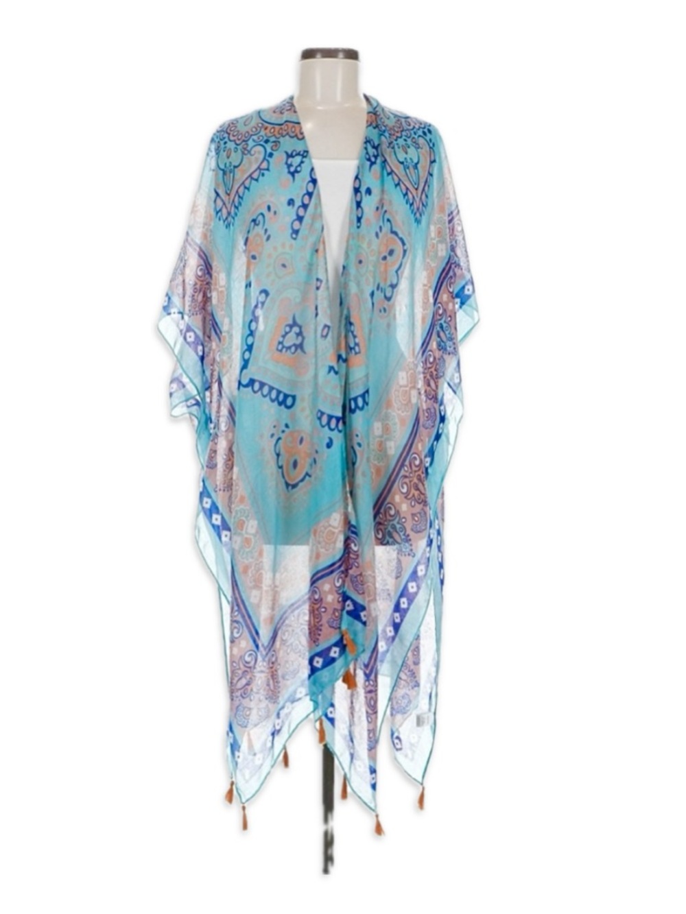 NWT Evereve Coverup Woven Heart Montego Tassel Ruana Boho Open Front Turquoise